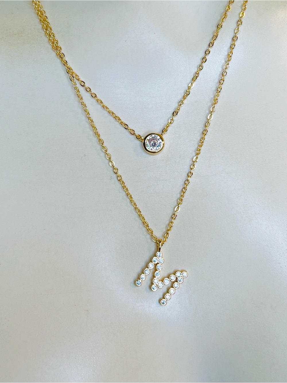 18k yellow gold filled M initial 💎 CZ diamond bezel set layered necklace letter
